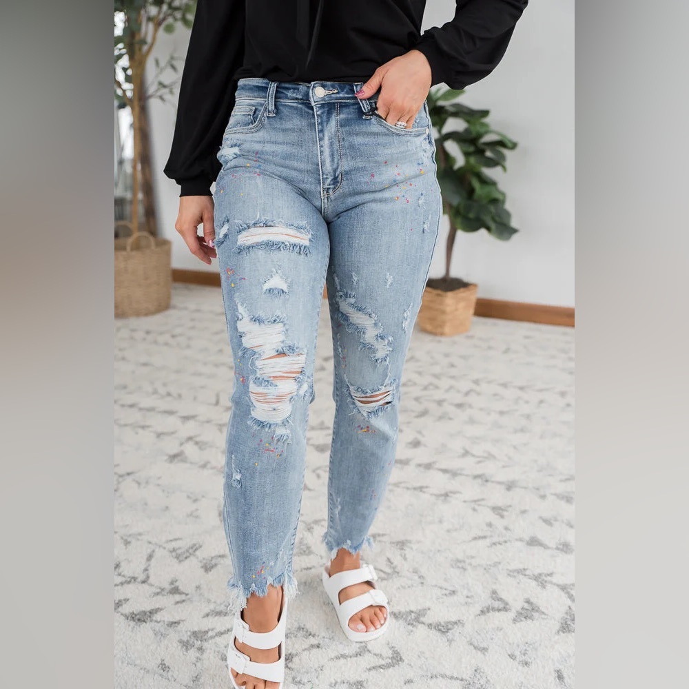 NWT - Judy Blue Rainbow Skies Paint Splatter Boyfriend Jeans